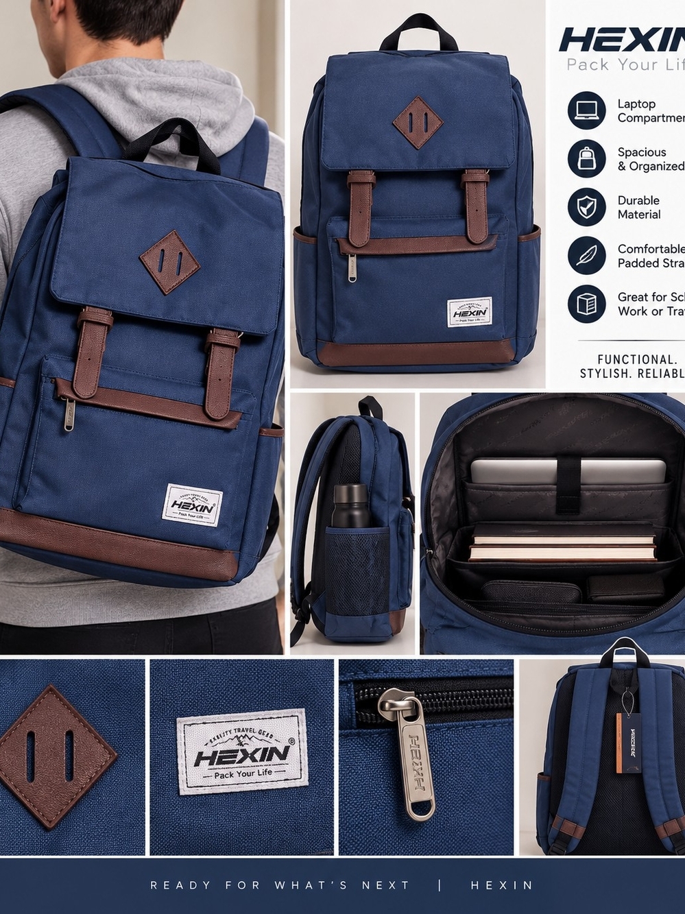 Navy Blue Backpack with Brown Accents — Laptop-Friendly Men’s Daypack
